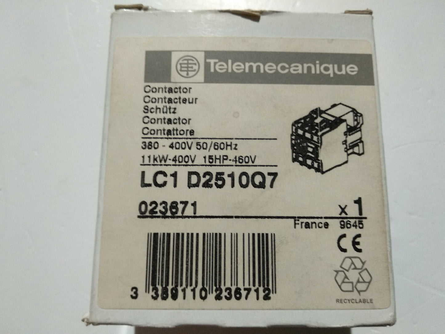 CONTACTOR 1016 40A TRIFASICO LC1 D2510Q7 BOBINA 380/400V TELEMECANIQUE